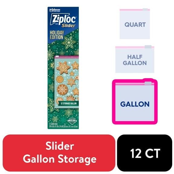 Ziploc® Brand Holiday Storage Gallon Slider Bags, 12 Count, Reusable, Easy-Close Slider, Expandable Bottom, Power Shield Technology, Limited Edition, Festive Holiday Designs