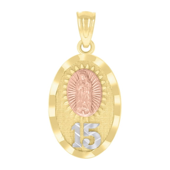 14k Tri-Color Gold Womens Anos 15 Guadalupe Religious Charm Pendant