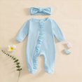 thumbnail image 2 of NOLDARES Newborn Baby Girls Smocked Romper Preemie Long Sleeve Jumpsuit Going Home Outfit with Bow Headband,A1130-Blue, 2 of 5
