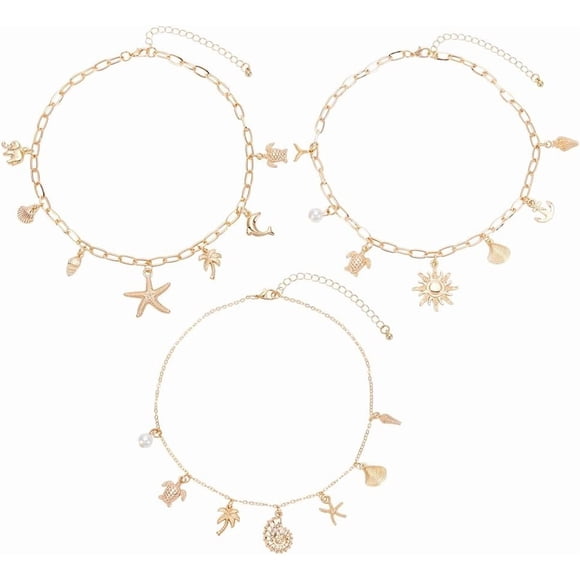 3Pcs 3 Styles Shell Conch Turtle Starfish Necklace Charm Necklace for Women Light Gold Summer Beach Necklaces Ocean Theme Paperclip Chain Fashion Simple Jewelry Gifts