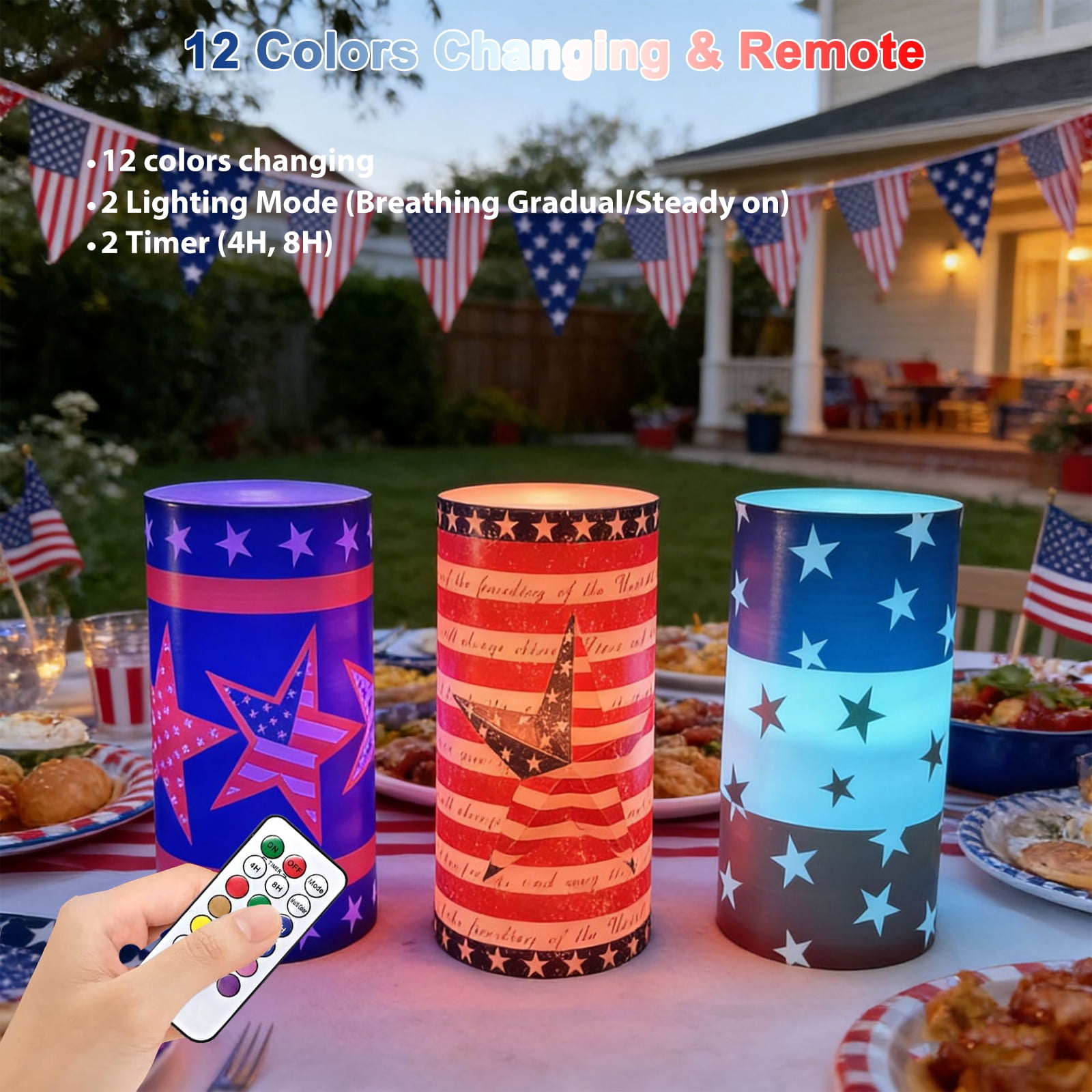 4th of July Flameless Candles, 12 Color Changing American Flag Star LED Candles with Remote & Timer, Flickering Patriotic Pillar Candles Battery Operated for Home Independence Day Decor
