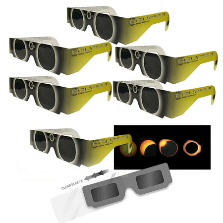 Solar Eclipse Glasses - 6 Sleeved - YELLOW SUN and Animated Eclipse (Best Glasses To See Solar Eclipse)