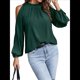 thumbnail image 3 of Blusas Elegantes e Informales para Mujer, con Hombros Descubiertos, Cuello con Volantes, Camisas de Moda de Otoño para el Trabajo Verde Oscuro XXXL, 3 of 10