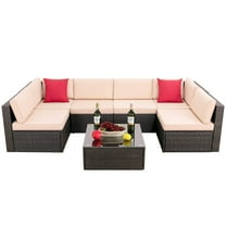 LACOO 7 Pieces Patio PE Wicker Conversation Set Rattan Outdoor Sectional Set with Chushions and Table(Beige)