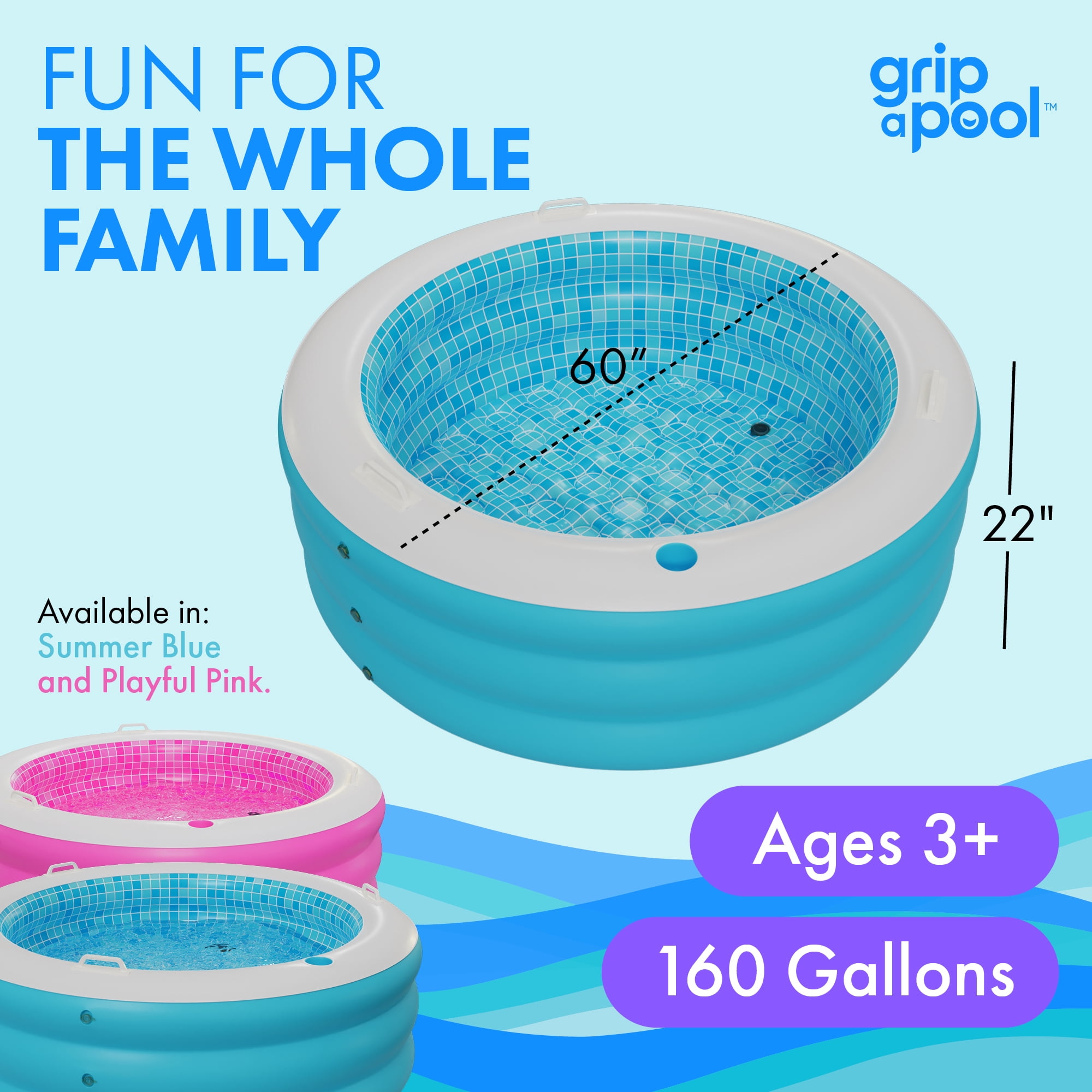 Grip A Pool Inflatable Kiddie Pool Round Blow Up 60" x 22"