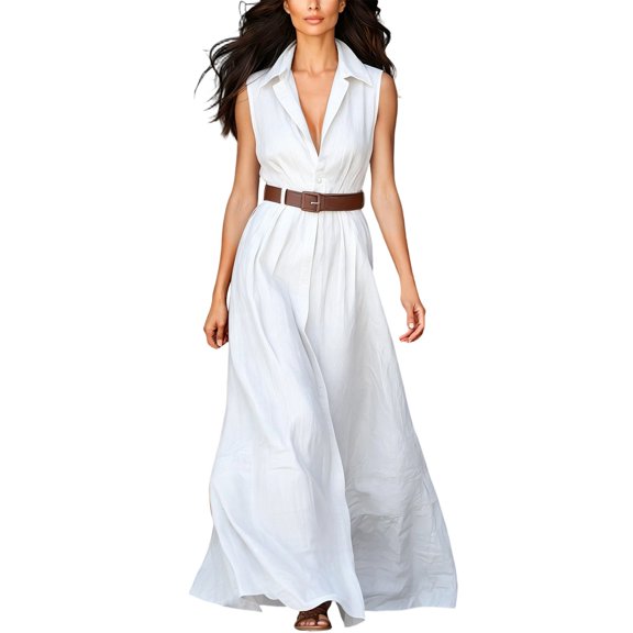 SAWOBUUN Womens Button Down Shirt Dress Sleeveless V Neck Lapel Maxi Dress Summer Casual Work Office Vacation Sundress