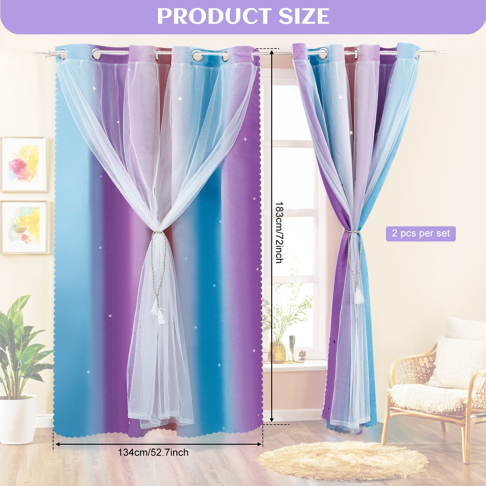 Dznils Star Ombre Printed Grommet Sheer Blackout Curtain Panel Set, 4 Piece, Purple, 52" W x 72" L