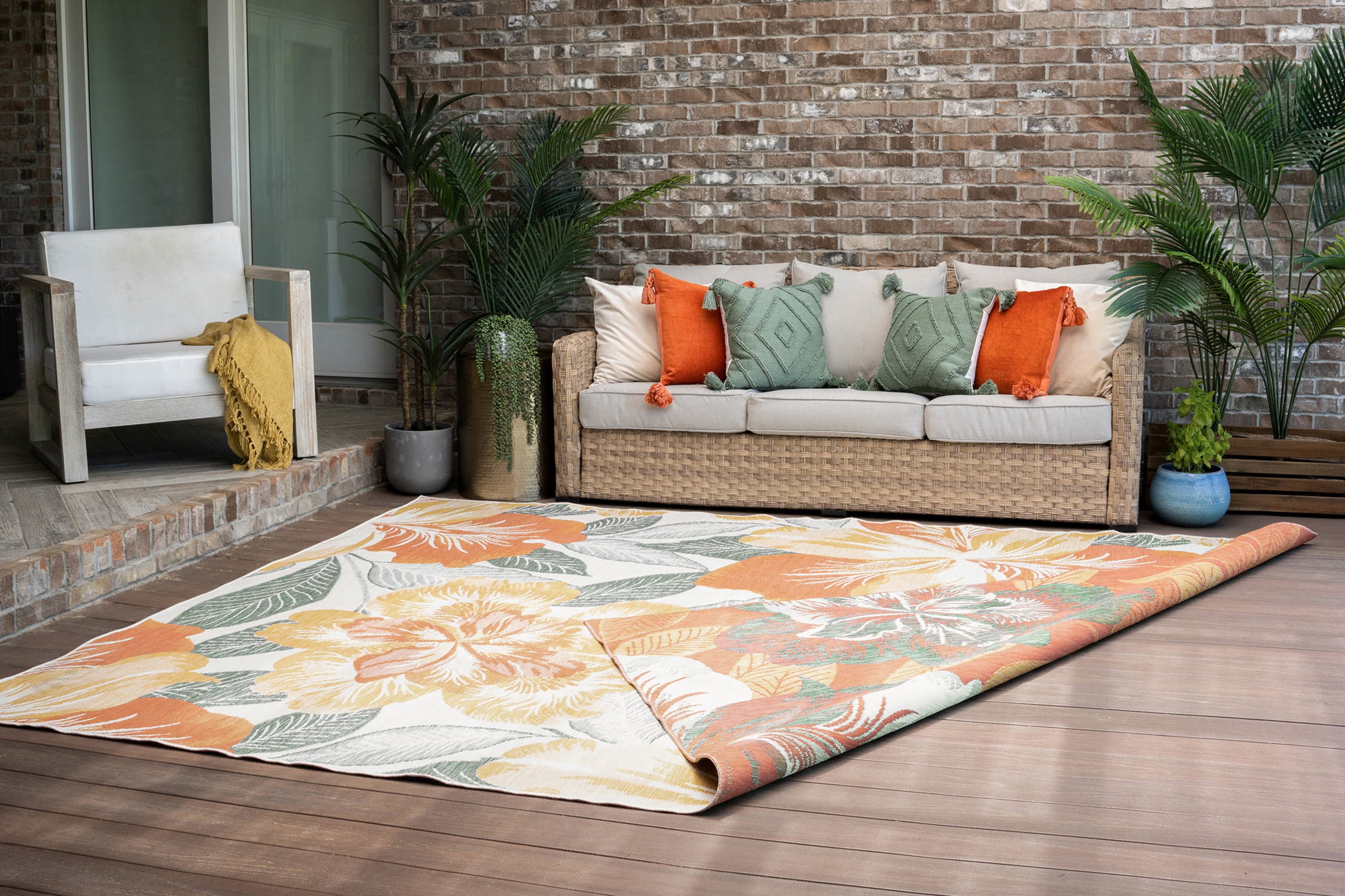 5x7 Water Resistant, Indoor Outdoor Rugs for Patios, Front Door Entry, Entryway, Deck, Porch, Balcony | Outside Area Rug for Patio | Orange, Floral | Size: 5'3'' x 7'3''