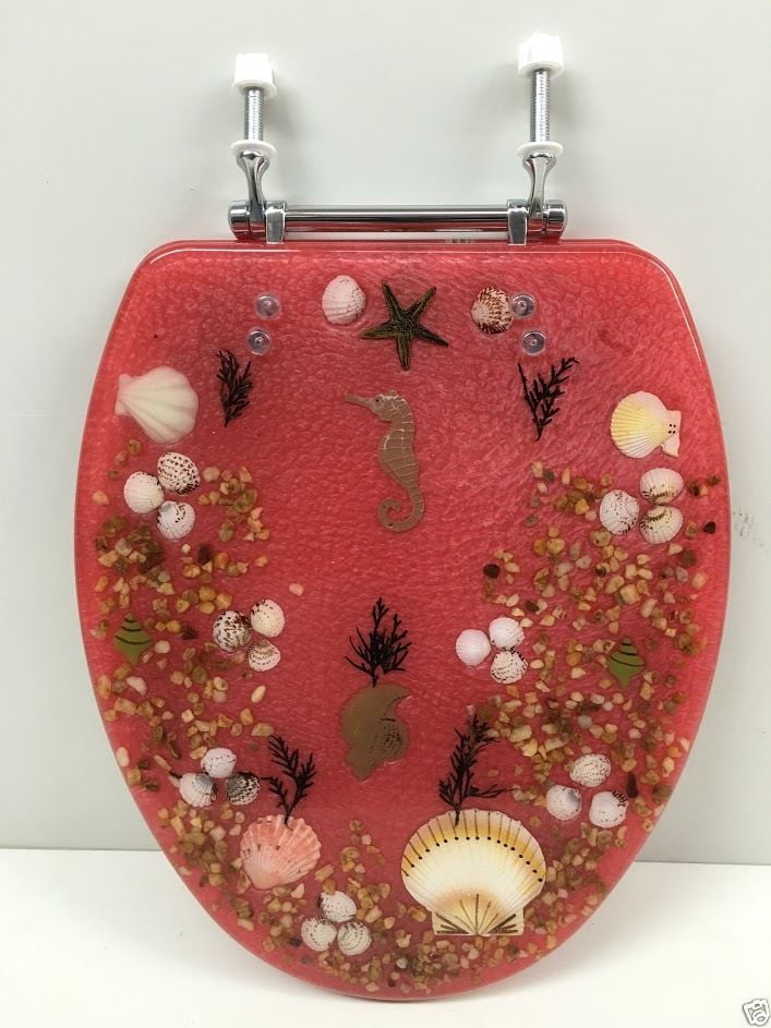 Elongated Rose Pink Seashell And Seahorse Resin Toilet Seat Seashell And Seahorse Resin Toilet Seat