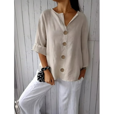 Women'S V-Neck Linen Shirt Top 3/4 Roll-Up Sleeve Summer Casual Loose Solid Blouses Tunic Tops With Button