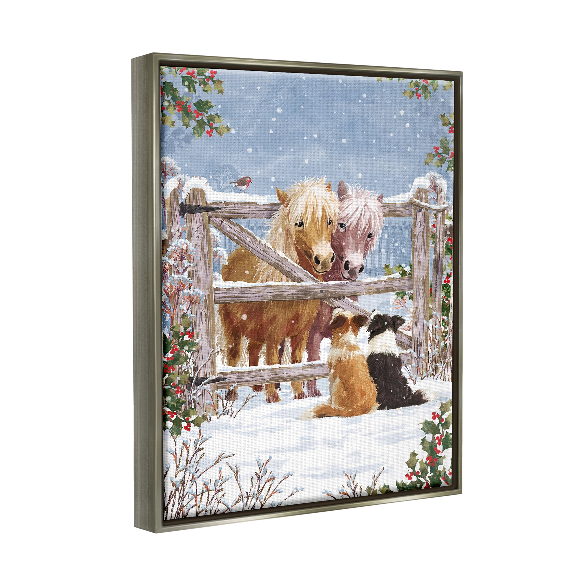 Stupell Industries Ponies & Dogs Winter Farm Scene Holiday Painting Gray Floater Framed Art Print Wall Art