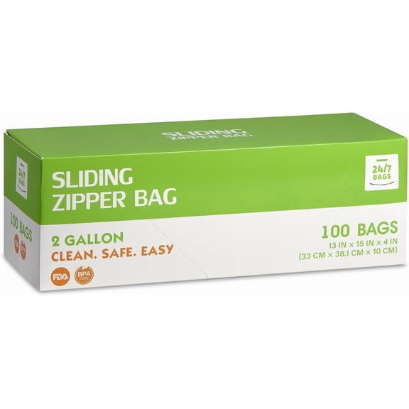 Slider Food Storage Bags, 2 Gallon, 100 Count, BPA-Free, Expandable, Leak Proof