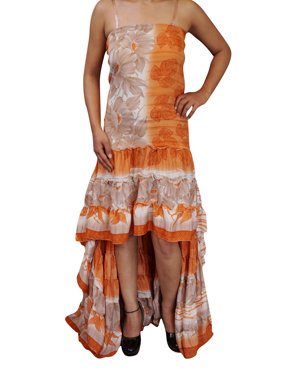 Mogul Womens Hi low Accents Dress Recycled Silk Ruffle Tiered Design Trendy Printed Flowy Strapless Bohemian Sundress M/L