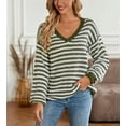 thumbnail image 2 of Geometric Striped Pattern Drop Shoulder Knit Sweater for Women Green Medium, 2 of 5