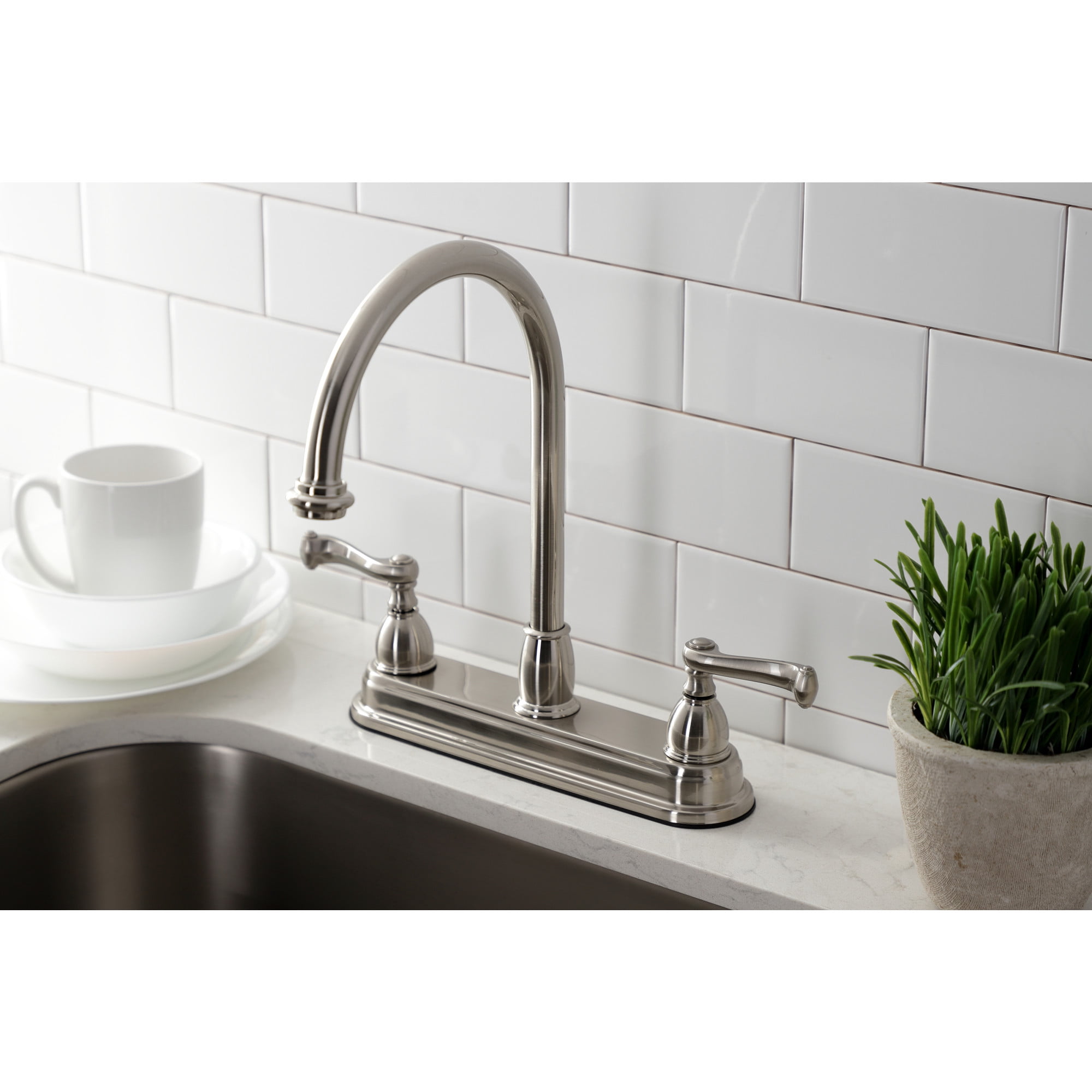 Kingston KB3748FL Two-Handle 3-Hole 8" Centerset Kitchen Faucet in Brushed Nickel