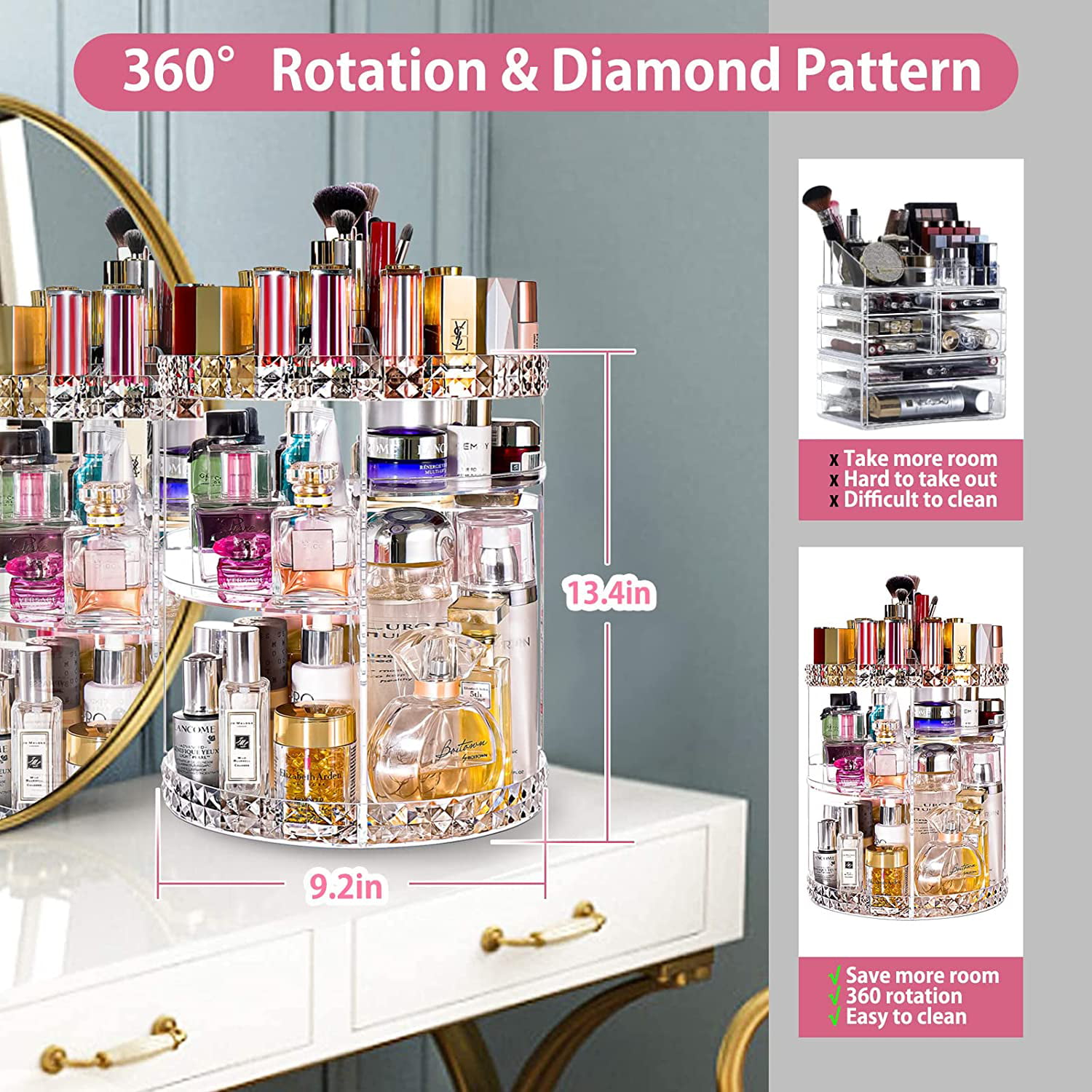 360 Rotating Makeup Organizer Large Perfume Cosmetics Organizer Beauty  Organizer Clear Cosmetic Storage Display Case with 7 Layers and Detachable