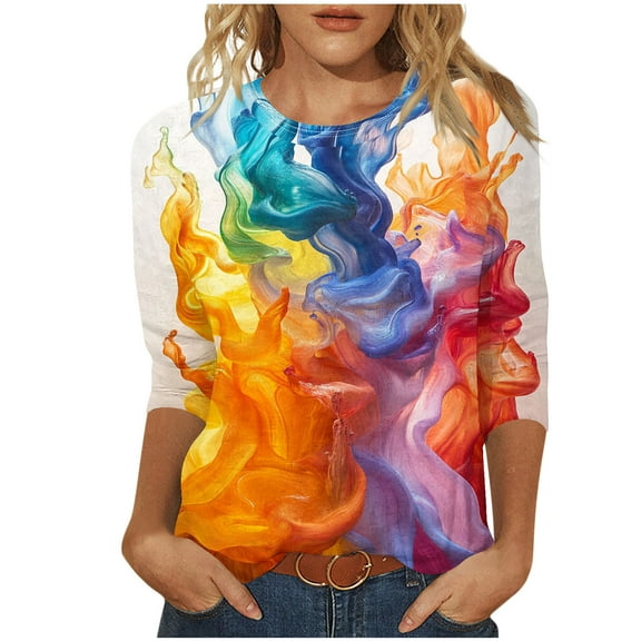 SEAOPEN Womens 3/4 Sleeve Tops L Multicolor Womens Graphic Tees Trendy Tie Dye Print Tshirts (Women's S-2XL)