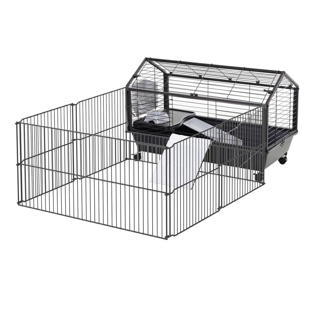 GVN Rolling Metal Rabbit, Guinea Pig, or Small Animal Hutch Cage with Main House and Run
