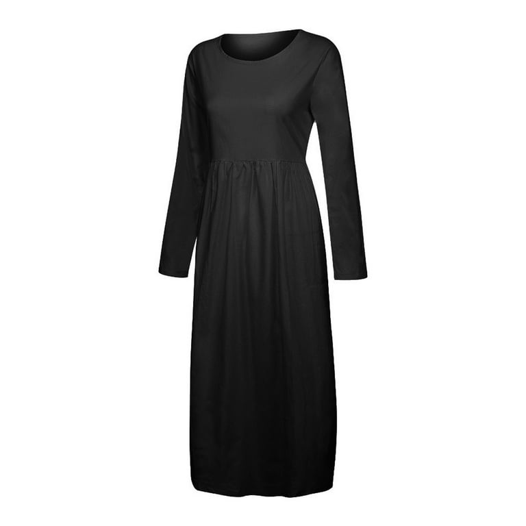 safuny Women's Knee Length Cotton Linen Dress with Pocket Solid Crew Neck  Long Sleeve Elegant Leisure Button Fashion Vacation Winter Fall Dress Black  L - Walmart.com