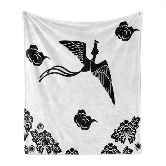 Phoenix Soft Flannel Fleece Throw Blanket, Tattoo Style Mythological Bird Flying Peony Blooms Flowers Monochrome Art, Cozy Plush for Indoor and Outdoor Use, 60" x 80", Black and White, by Ambesonne