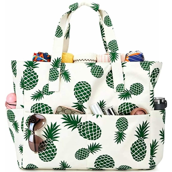 AlmosTen Women Beach Bags and Totes Waterproof,Extra Large 9-Pockets Foldable Beach Bags for Women Waterproof Sandproof Beach Tote Bag,Large Beach Bags with Zipper for Women,Green
