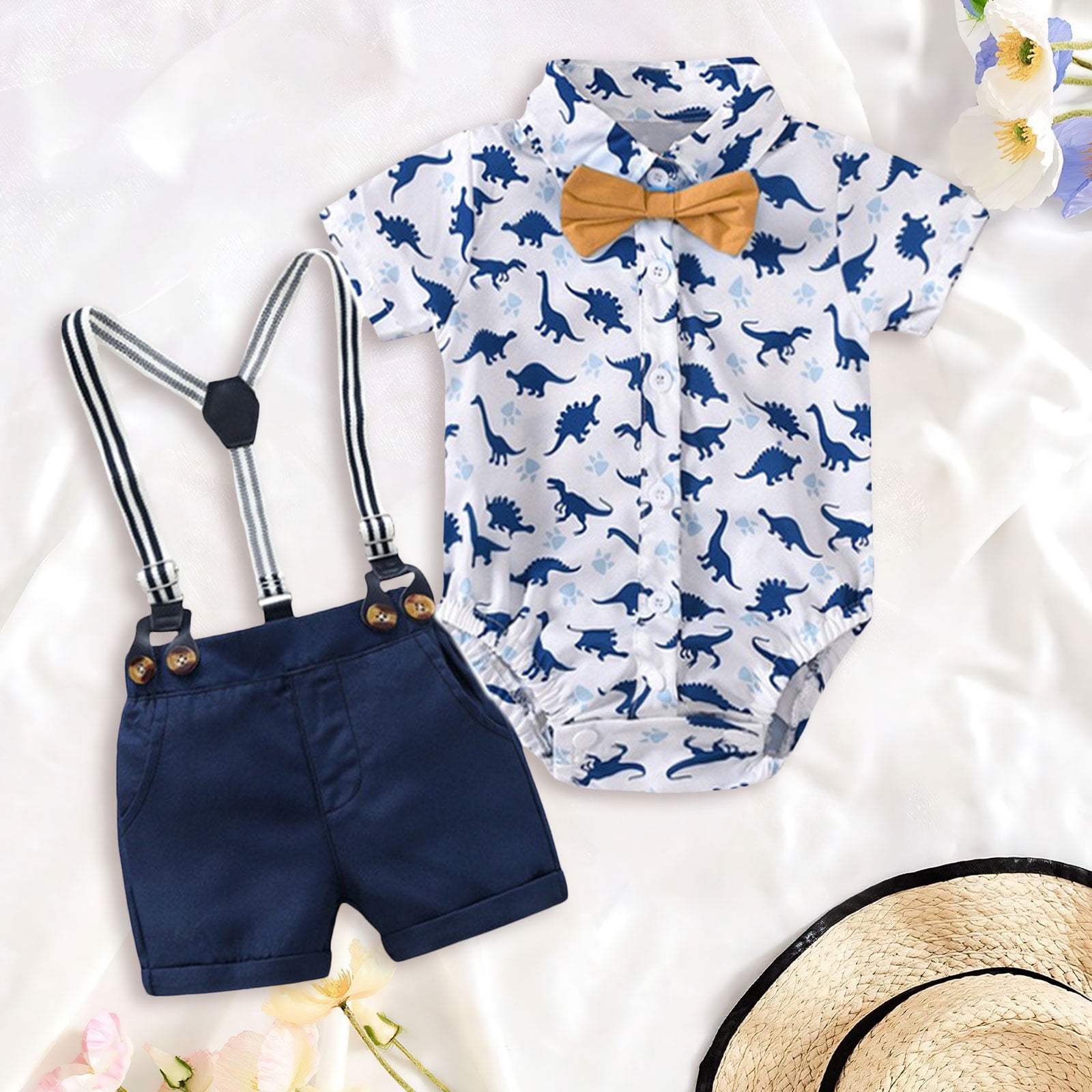 Wxirdiow Baby Boy Suit Baby Boy Clothes Suits Summer Short Sleeve Dress Shirt+Vest+Tie+Pants Infant Boy Wedding Christening Outfits Set Blue Size,9-12 Months