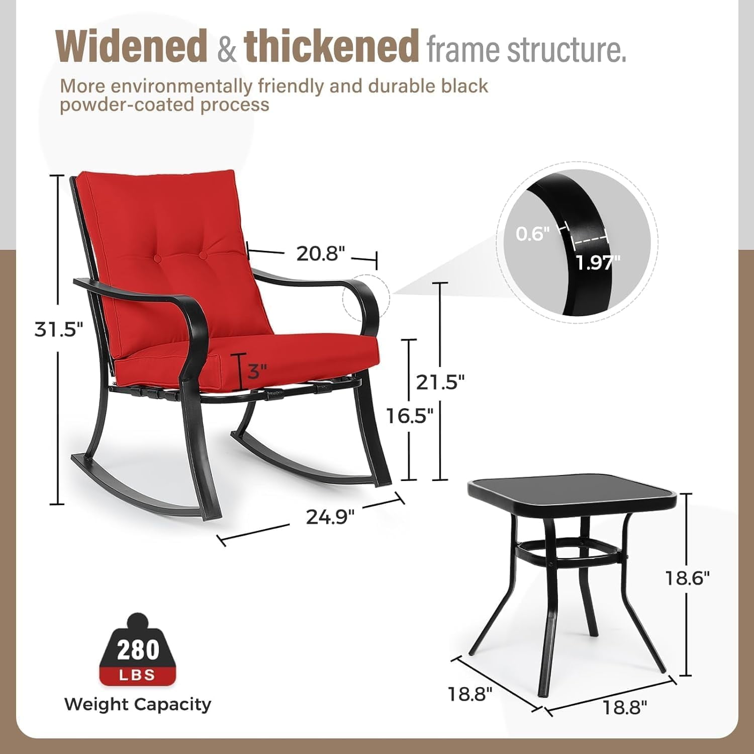 SUNCROWN 3-Piece Outdoor Patio Furniture Black Metal Set with Chairs Set of 2 and Glass-Top Table, Red