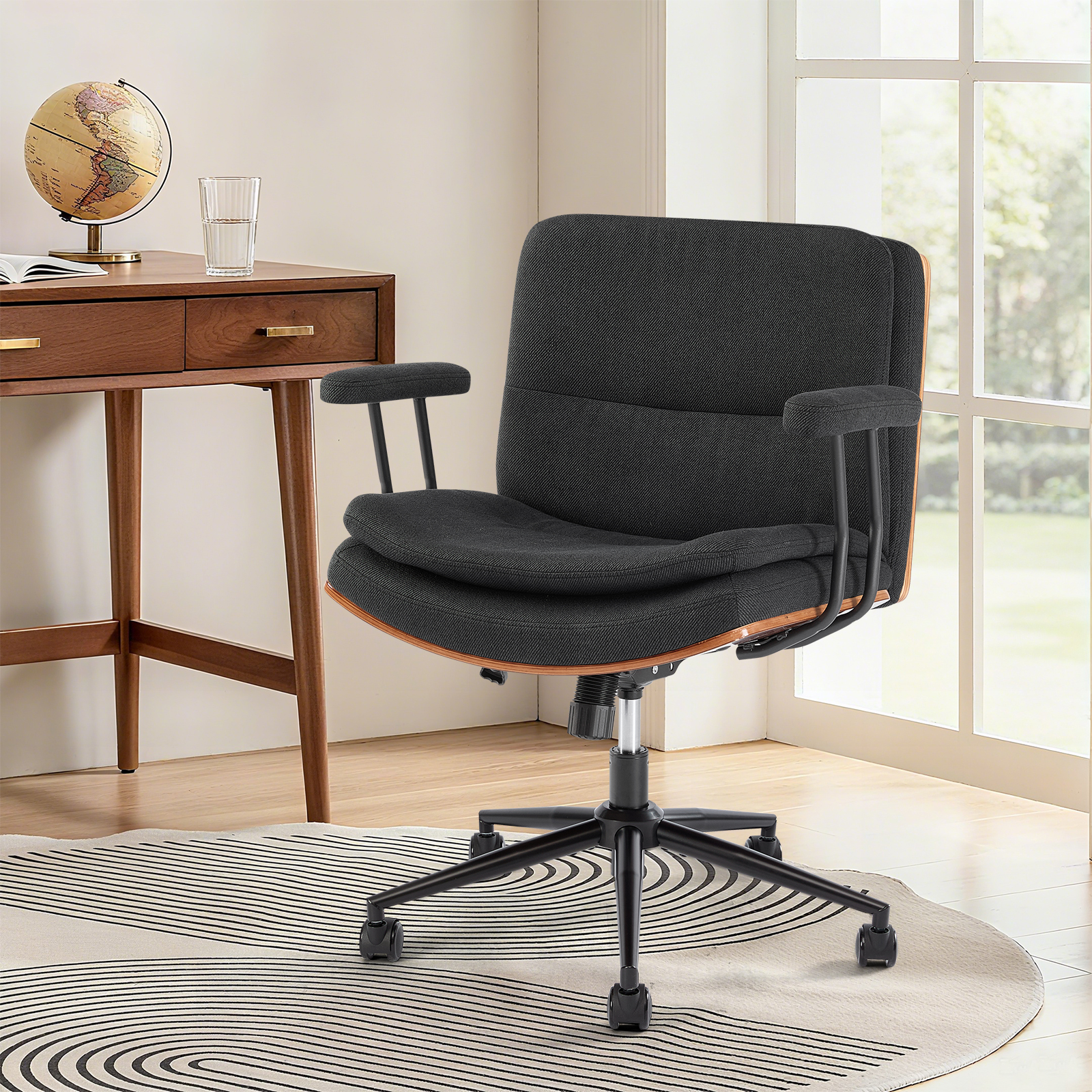 Home Office Desk Chair with Armrests & Wheels, Modern Walnut Swivel Rolling Executive Task Chair, Height Adjustable Ergonomic Computer Chair, Black Fabric