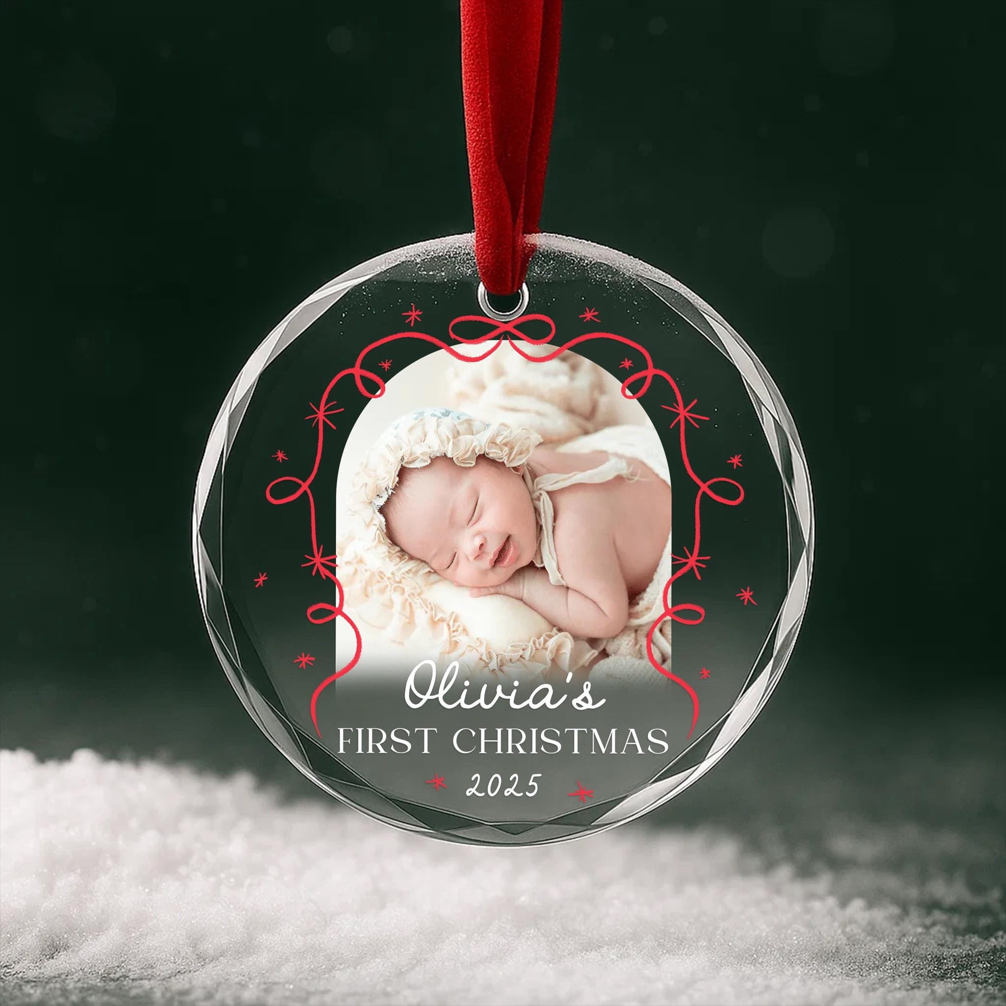 Baby’s First Christmas Photo Heart Glass Ornament 2025 – Personalized Newborn Keepsake