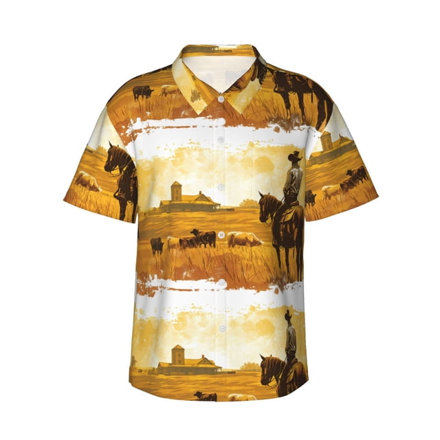 Balery Western Cowboy Ranch Camisas hawaianas de manga corta para hombre, camisas playeras de corte holgado, camisas de vacaciones con botones,3X-Large