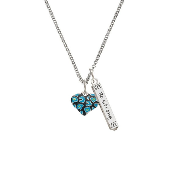 Delight Jewelry Silvertone Hot Blue Cheetah Print Heart Silvertone Be Strong and Courageous Bar Charm Necklace, 23"