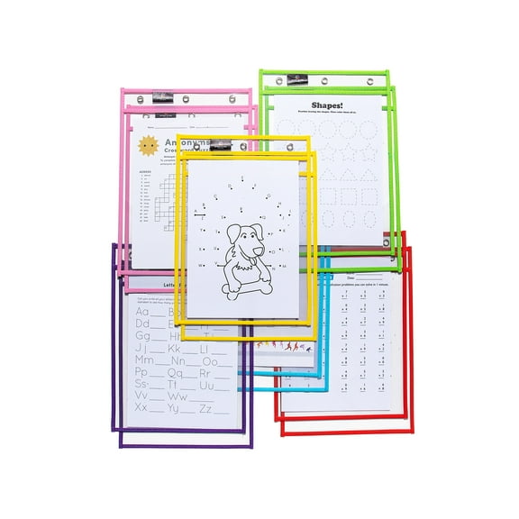 School is Cool designs -10x14 Oversized 12 Pack Assorted Vibrant Colors Dry Erase Pocket Sleeves Clear Sheets Wipe and Write including Tracing Paper