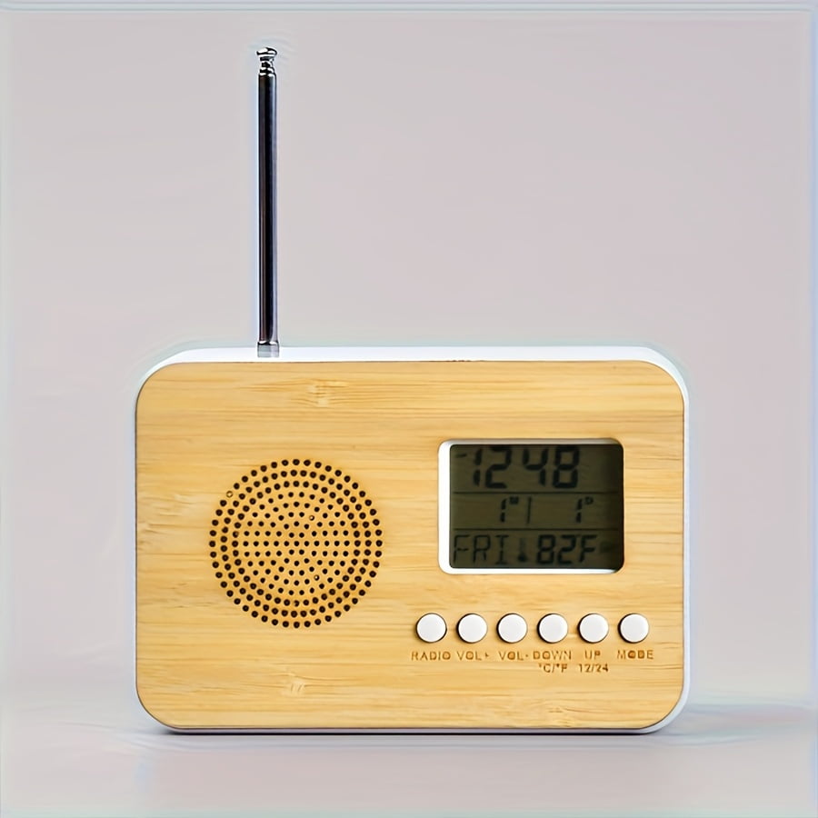 Vintage Portable Mini Speaker Alarm Clock, 12/24H, Sleep Timer, Temperature & Calendar, Woodlike Finish, Battery Powered (AAA Not Included), Bedroom Decor & Holiday Gift