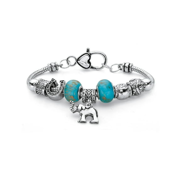 PalmBeach Jewelry Blue Bali-Style Beaded Elephant Charm Bracelet in Antiqued Silvertone 7.5"
