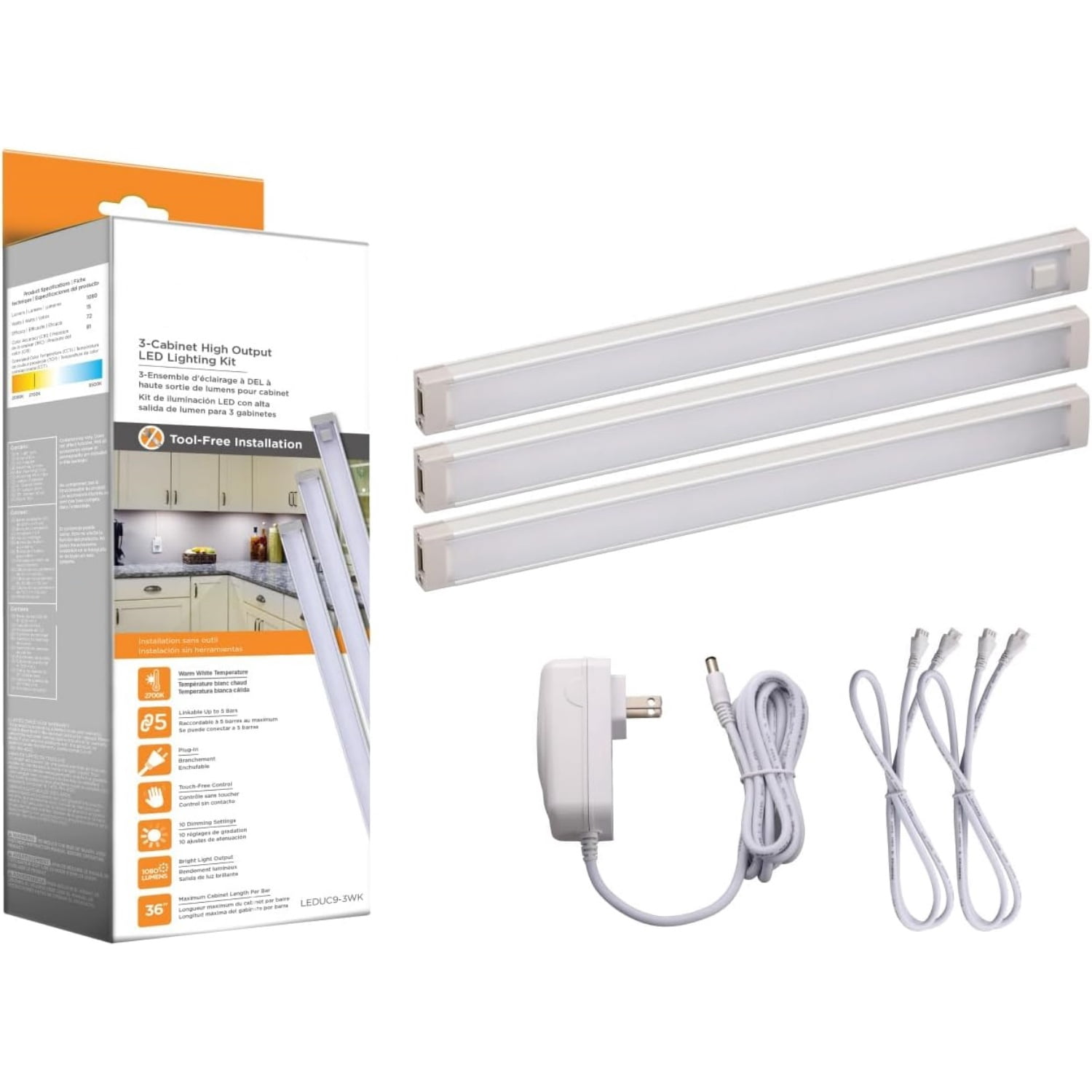 LED Under Cabinet Lighting Kit, 3-Bars, 9 Inches Each, DIY Tool-Free Installation, Warm White, 2700K, 1080 Lumens, 15 Watts