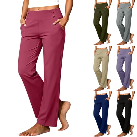 Husipze Women's golf Pants Straight Leg High Waist Stretch Casual Work Decorative Button Decor Trousers with Pockets Pink S