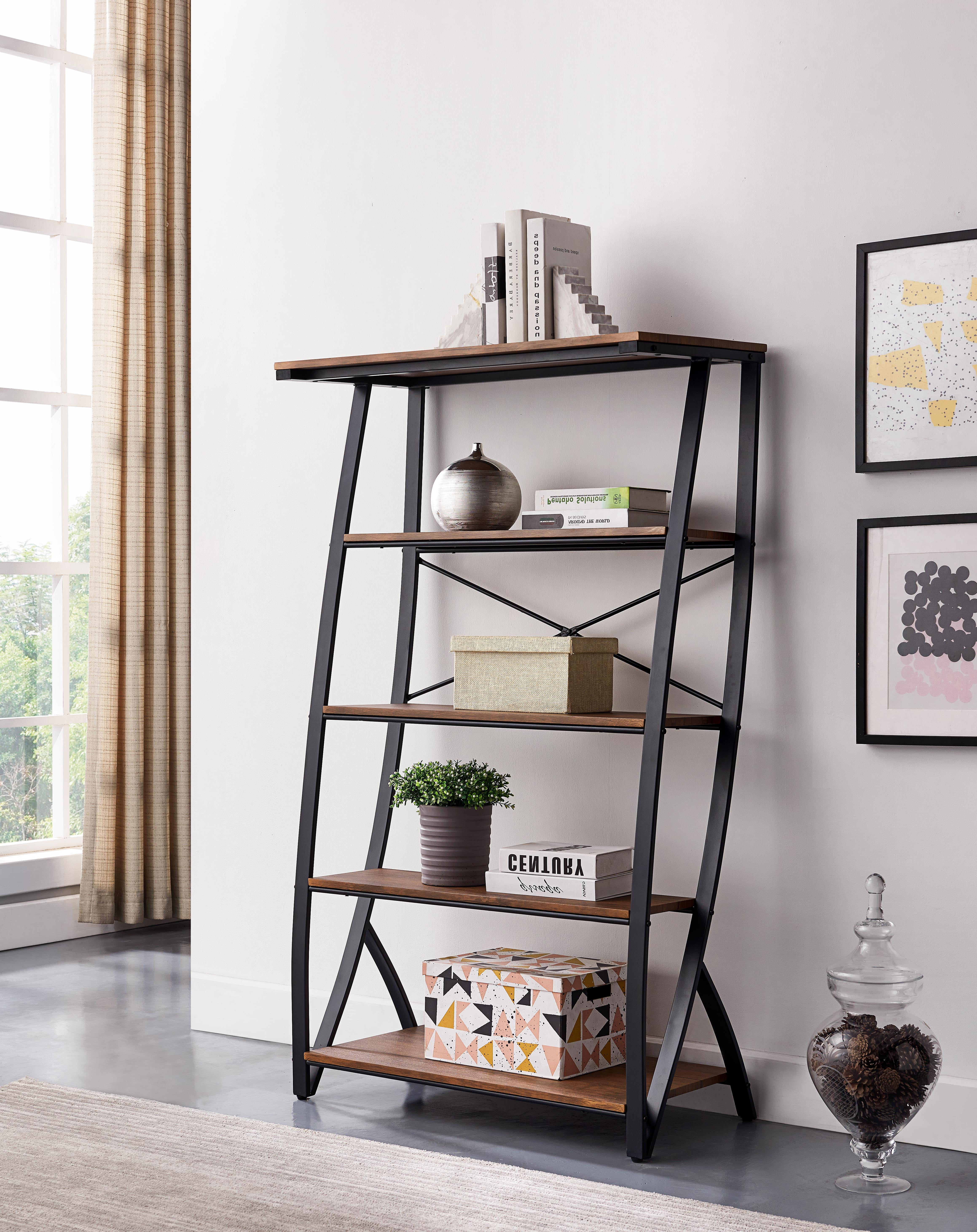 Pilot 5 Tier Etagere Bookcase, Brown Wood & Black Metal, Industrial