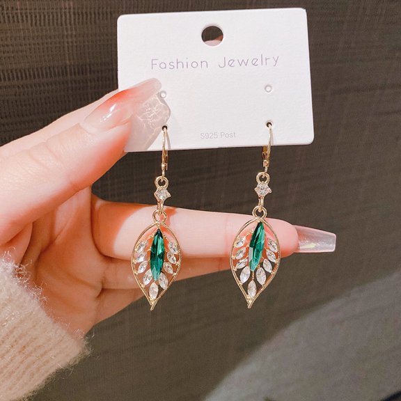 New Green Zircon Crystal Leaf Long Tassel Drop Earrings