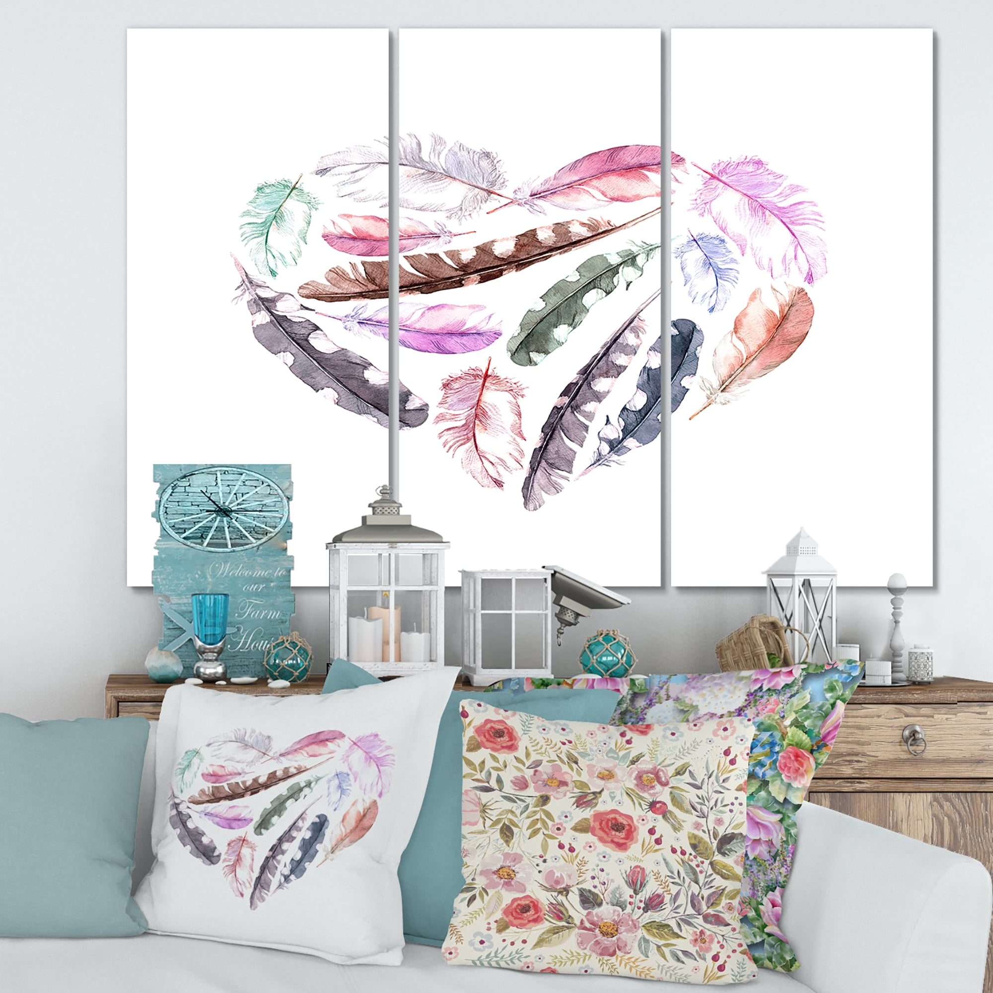 Designart ' Retro Pink Bird Feathers With Heart ' Bohemian & Eclectic Canvas Wall Art Print