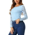 thumbnail image 4 of INSPIRE CHIC Women's  Round Neck Long Sleeves Sheer Flower Embroidery Lace Blouse 2XL Light Blue, 4 of 7