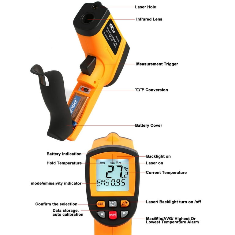 Infrared Thermometer Temperature Gun(NOT for  Humans),-58°F~1832°F(-50°C~1000°C),High&Low  Alarm,Non-Contact,MAX/MIN/DIF/AVG Display Digital Laser