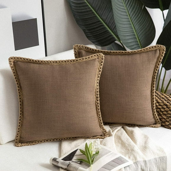 JUNWELL Lot de 2 Housses de Coussin Décoratives Style Ferme Bords Bordés en Toile de Jute et Lin Gris Foncé 12 x 20 Pouces 30 x 50 cm