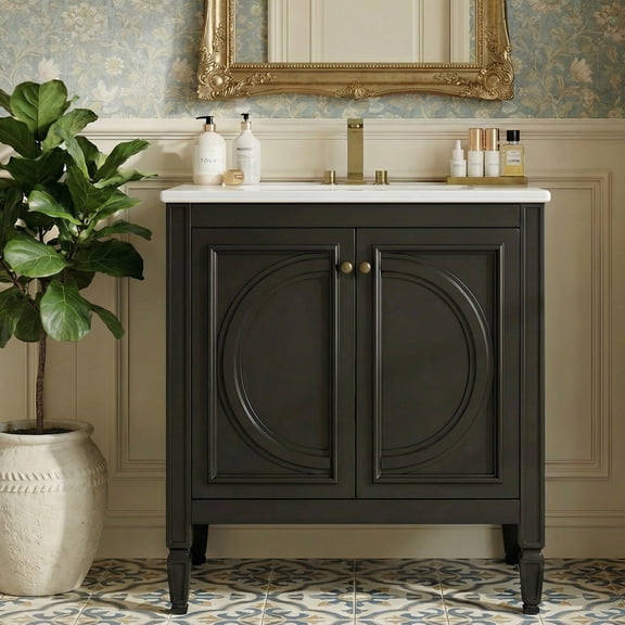 30" Bathroom Vanity with Sink, Rubber Wood Vanity Cabinet with 2 Doors and 1 Functioanl Drawer, Black