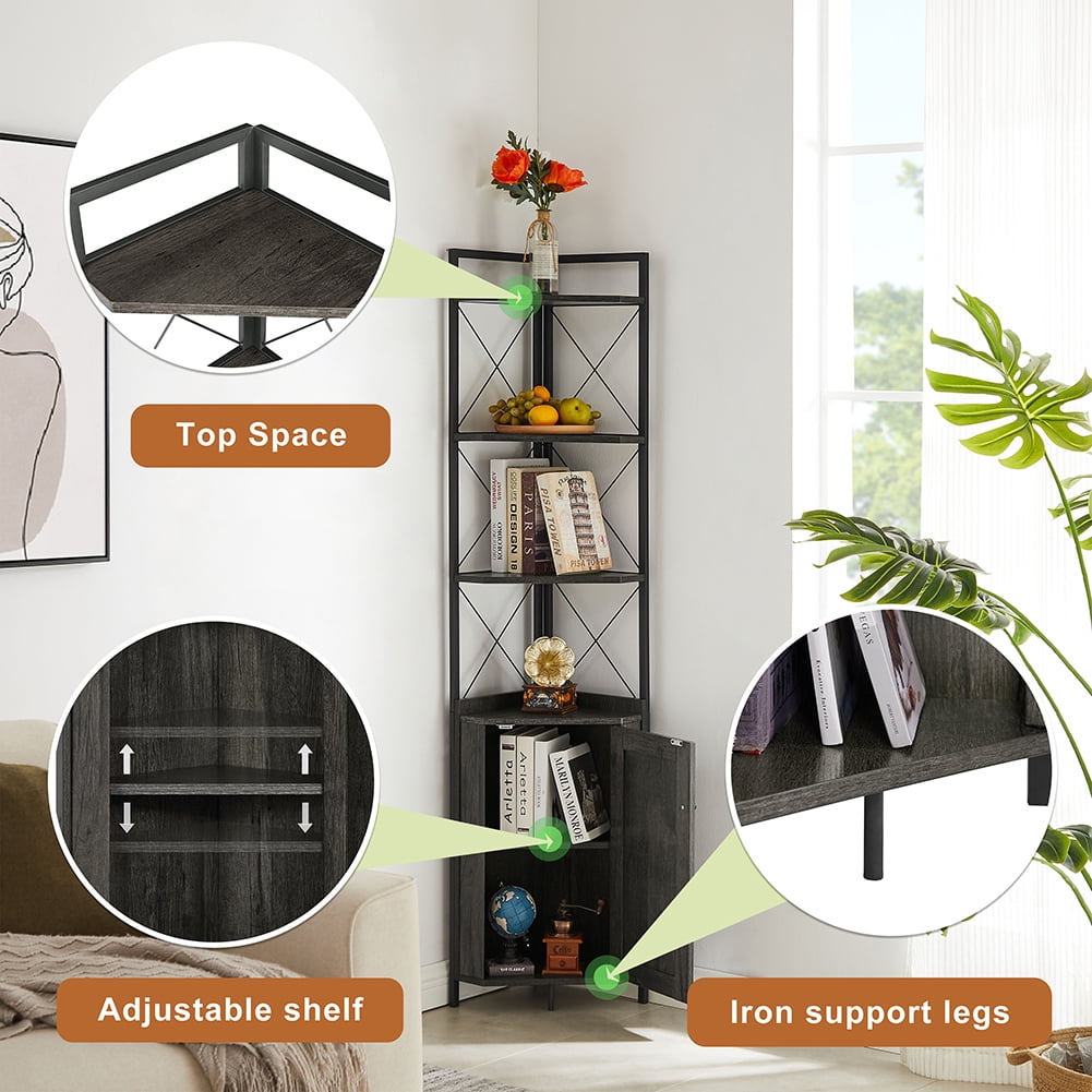 Kadyn Corner Shelf, 5 Tiers Corner Shelf Bookshelf with Storage and Door, Corner Cabinet Bookshelf for Living Room, Dark Grey Kadyn Corner Shelf, 5 Tiers Corner Shelf Bookshelf with Storage and Door, Corner Cabinet Bookshelf for Living Room, Dark Grey