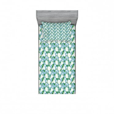 Floral Bedding Set with Sheet & Covers, Refreshing Spring Flower Theme and Tiny Blue Sparrows Perching on the Flower Leaves, Printed Bedroom Decor 2 Shams, 4 Sizes, Multicolor, by Ambesonne