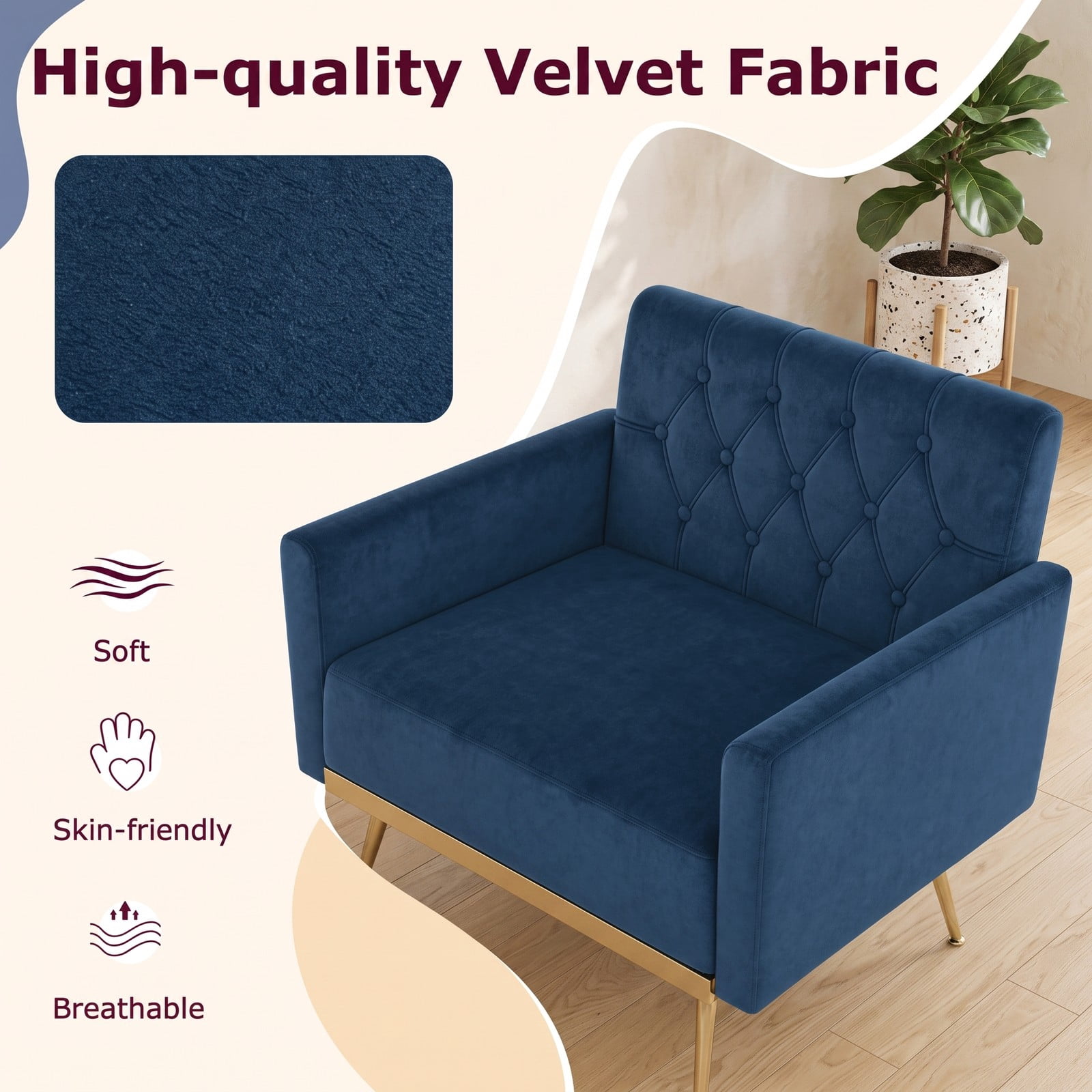 Furnibear Modern Velvet Accent Chair, Button-Tufted Upholstered Single Sofa Armchair with Metal Legs and Adjustable Feet for Living Room Bedroom Study, Holds 350, Blue