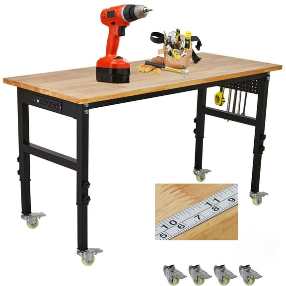 Garvee Workbench, Heavy Duty Work Bench with Power Outlet, Scales, Pegboard, 6 Hooks, 2200 LBS Load Capacity, 8 Adjustment Height Work Table for Garage, Workshop, Office, Home, Wheels