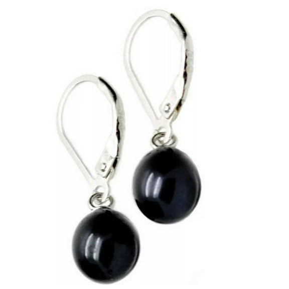 K-KED Pretty 8-9mm Black Cultured Pearl Dangle Silver Leverback Earrings AAA