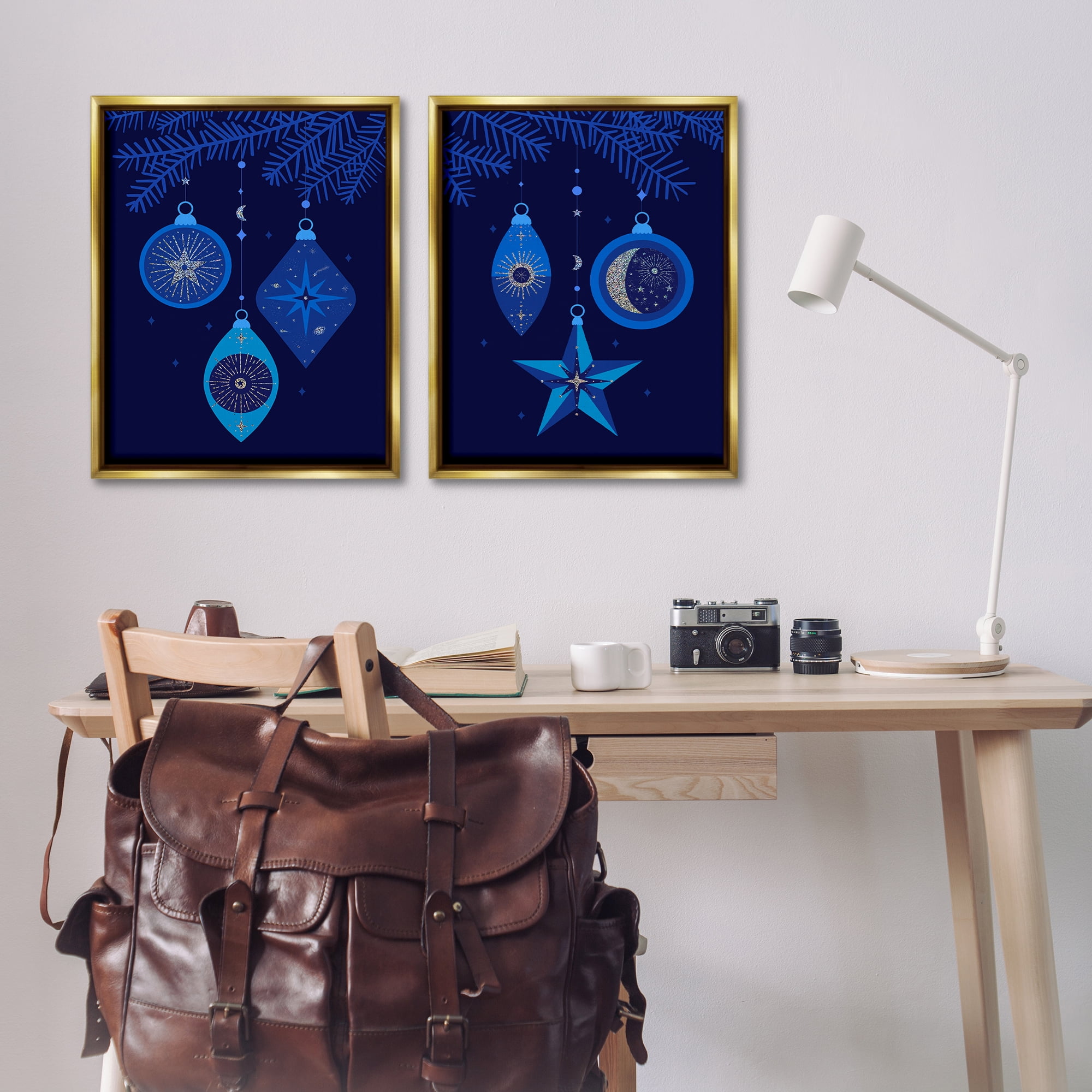 Stupell Industries Vintage Blue Holiday Ornaments Holiday Painting Gold Floater Framed Canvas Art Print Wall Art, 31 x 25, Set of 2
