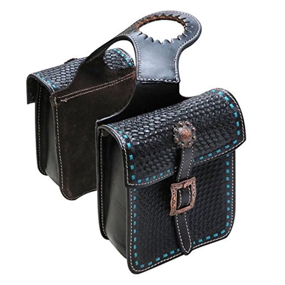Showman Tooled Black Leather Horn Bag w/ Teal Buck Stitch